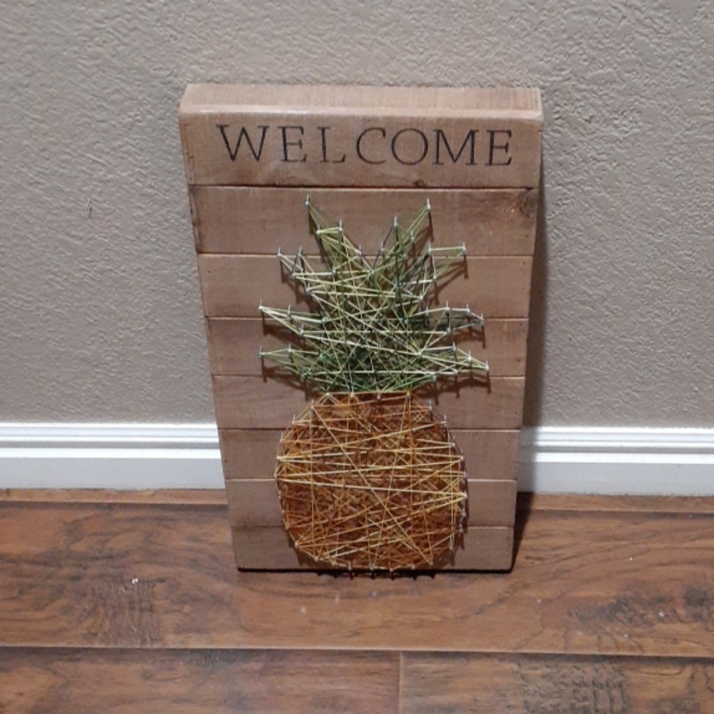 String Art Pineapple 18" Wood Plank Welcome Sign